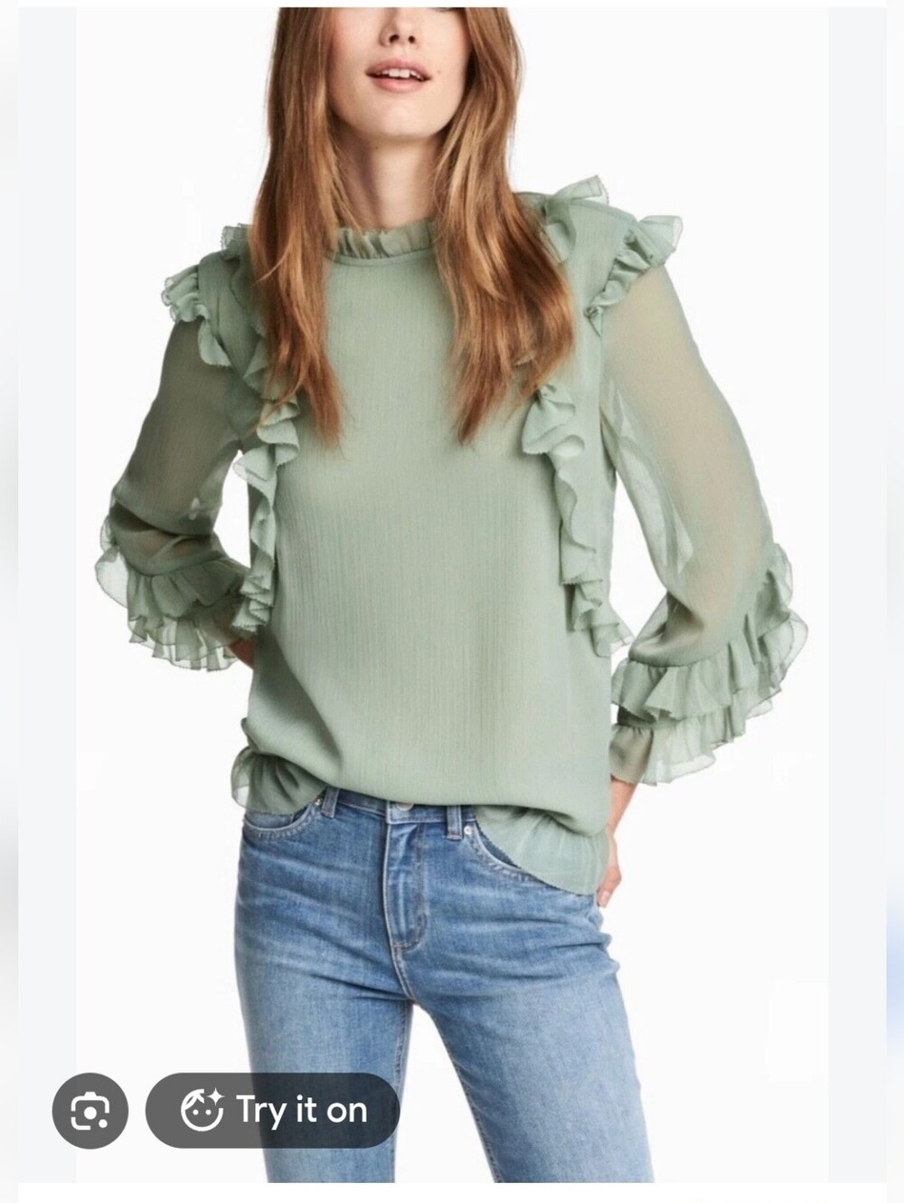 H&M Light Sage Ruffle Detail Blouse